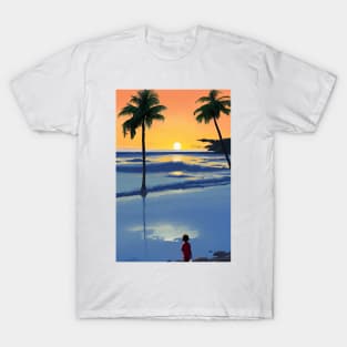 Summer Sunset Kid Palm Tree Beach Ocean T-Shirt